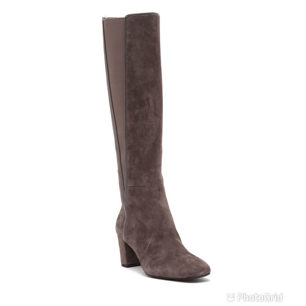 DONALD PLINER Suede Knee High Boot Chunky Heel Round Toe Taupe Gray Size 6.5 - Picture 2 of 14